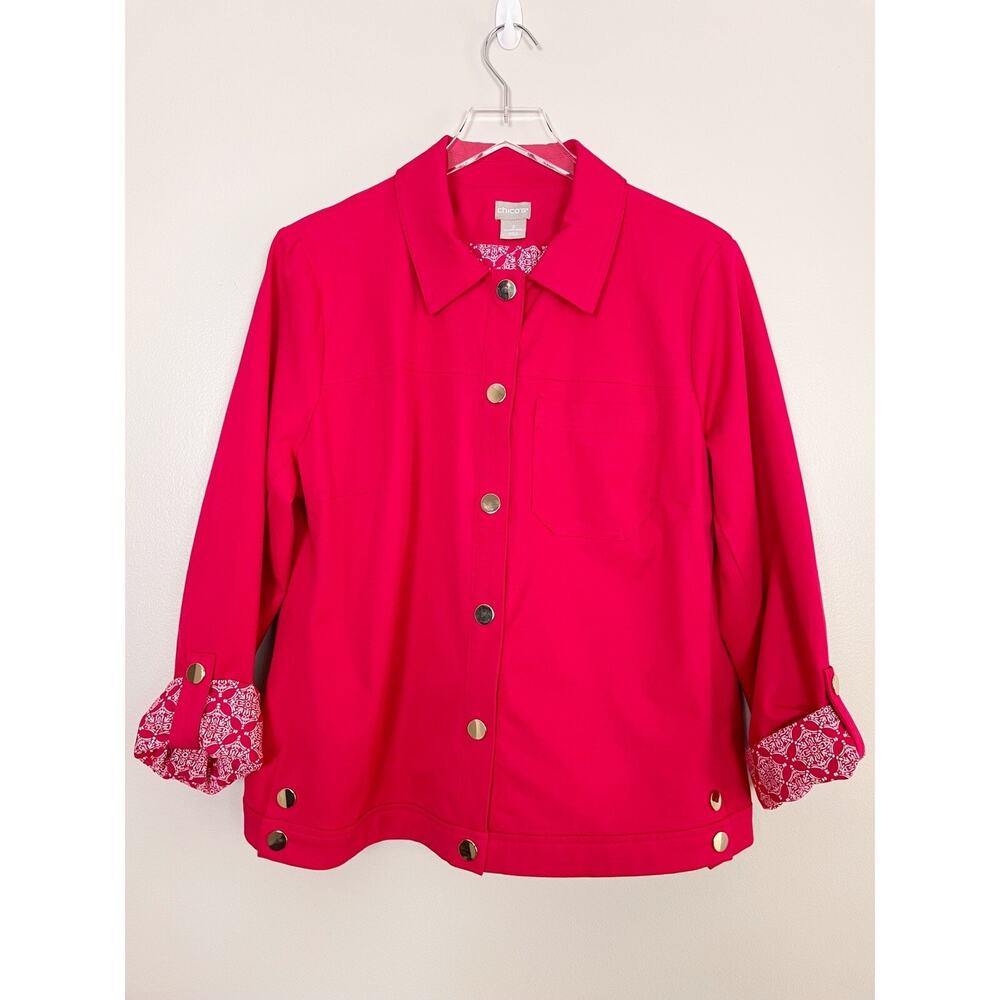 Chico's Pink Fushia Jean Style Jacket Gold Button Printed Lining Cuff Size 2